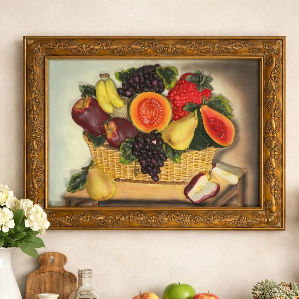 Vintage 70s 3D Raised Fruit Still Life Framed Wall Art Textured Relief